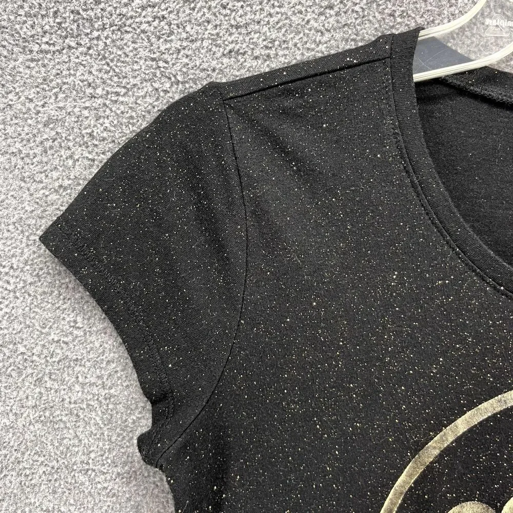 Justice Top Girls 14 Black Gold Smile‎ Face short Sleeve stretch T-Shirt
